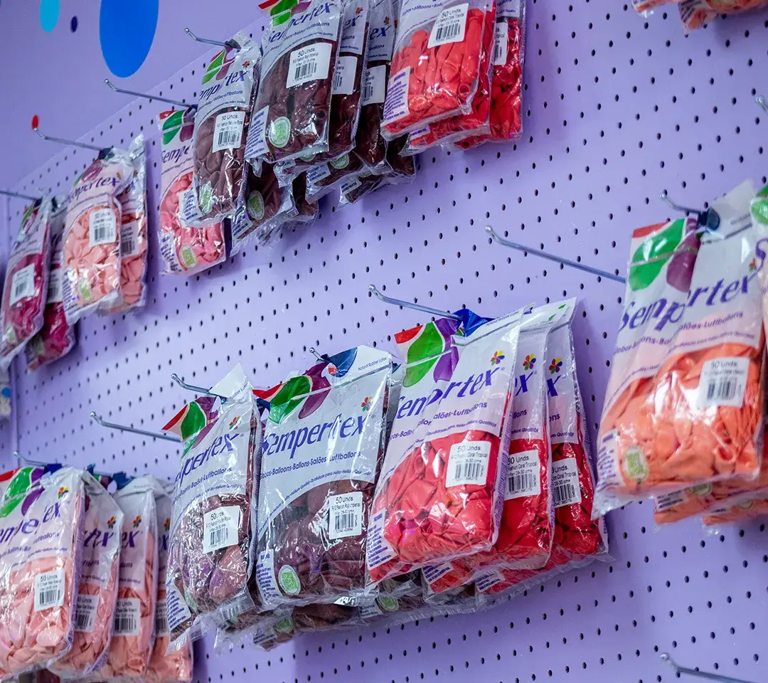 Bags of balloons in store interior